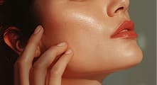 Close-up of a face with a hand near the cheek.