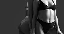 Two women in black bikinis against a dark background.
