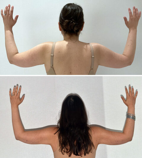 Two images depict the back view of a person with their arms raised, wearing a sleeveless top. In an auto-draft style, the top image features hair up, while the bottom showcases it down, capturing a dynamic transformation in subtle yet striking detail.